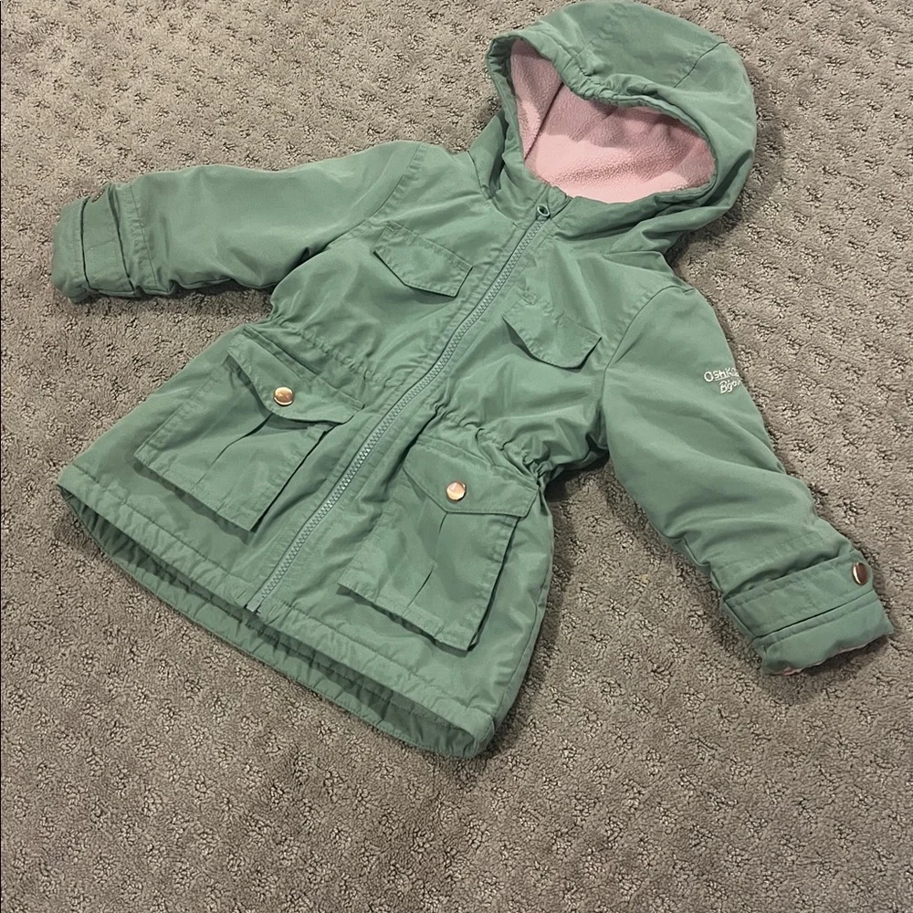 OshKosh B'gosh Green Hooded Winter Jacket with Pink Lining, Winter Coat for Kids